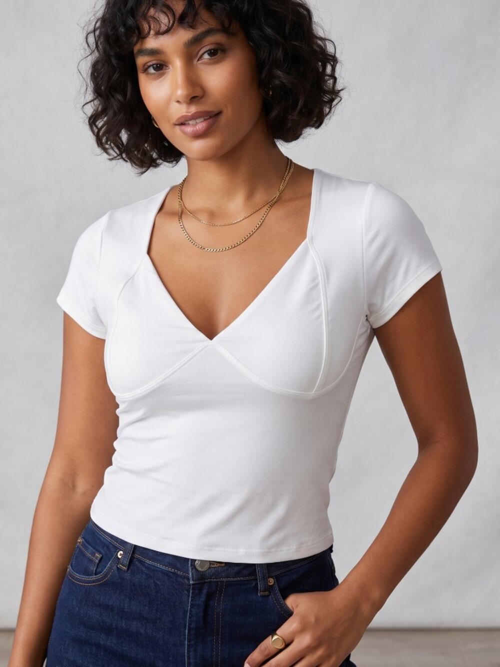 NWOT | Sculpted V-Neck Top | Contoured Bust Detail | White | Medium